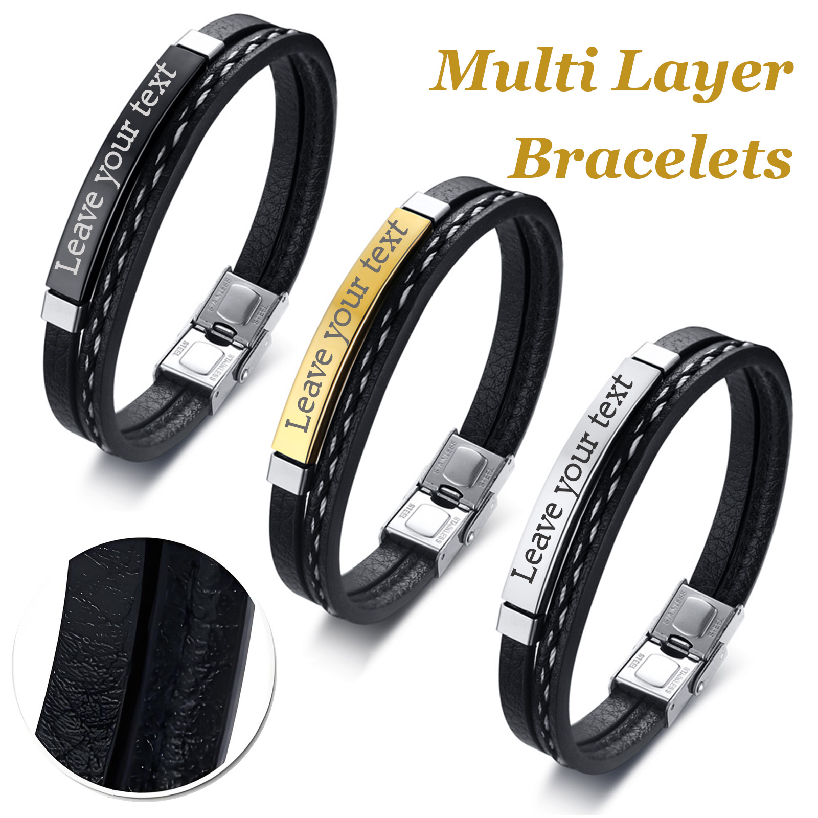 Men'S Fashion Gold Chain - Dual-Layer Commission Braided PU Leather Bracelet