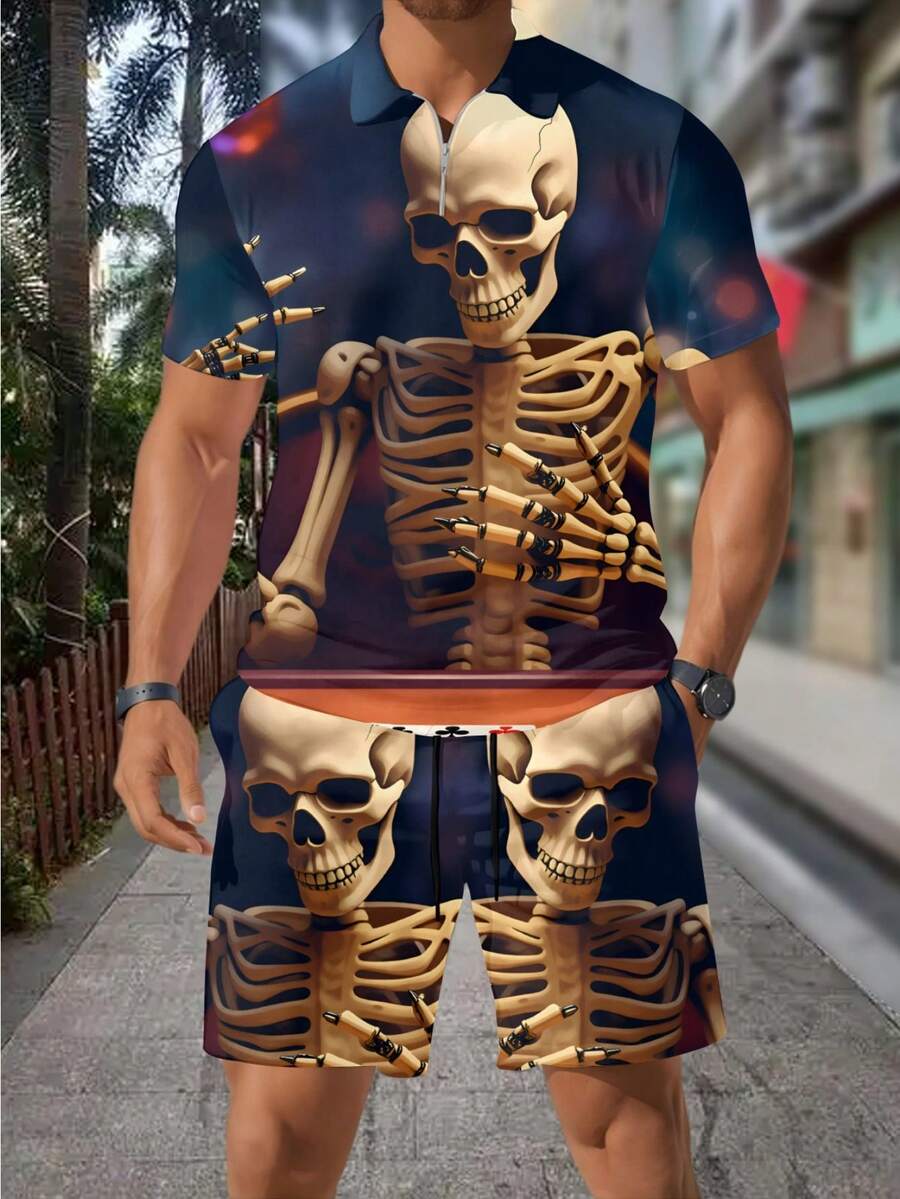 3D Skull Skeleton Bullet Print - огляд і ціна Men'S Fashion Polo Shirt