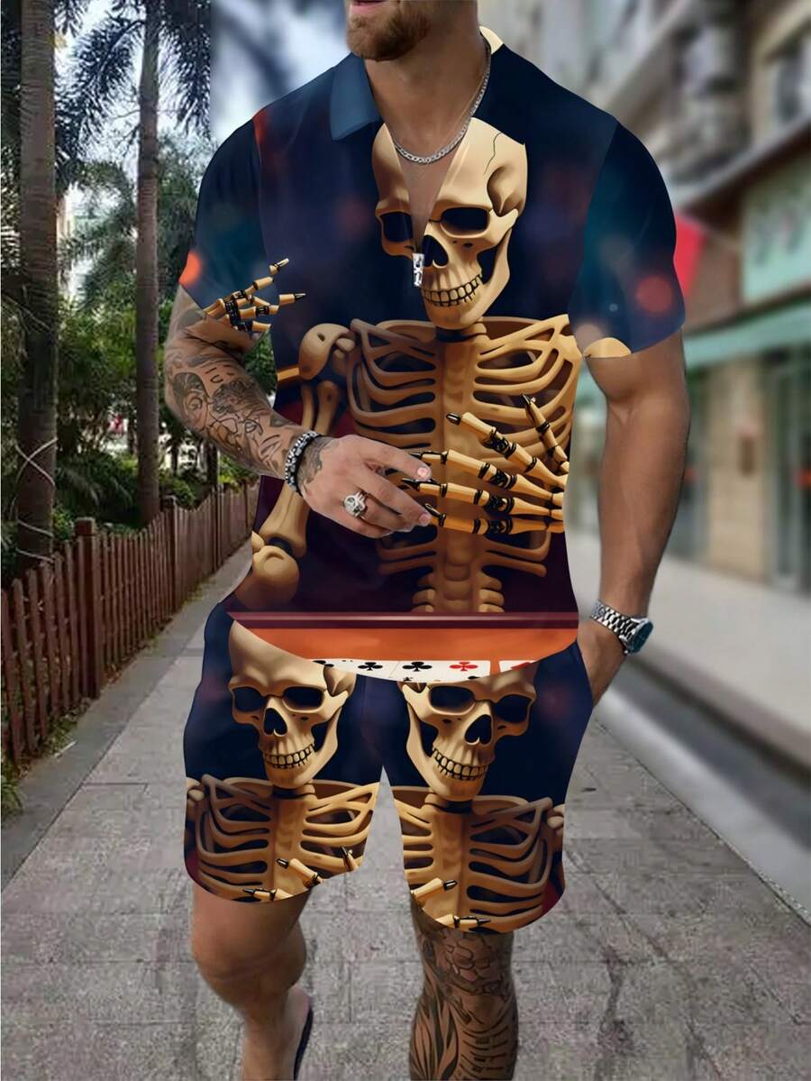 3D Skull Skeleton Bullet Print - огляд і ціна Men'S Fashion Polo Shirt